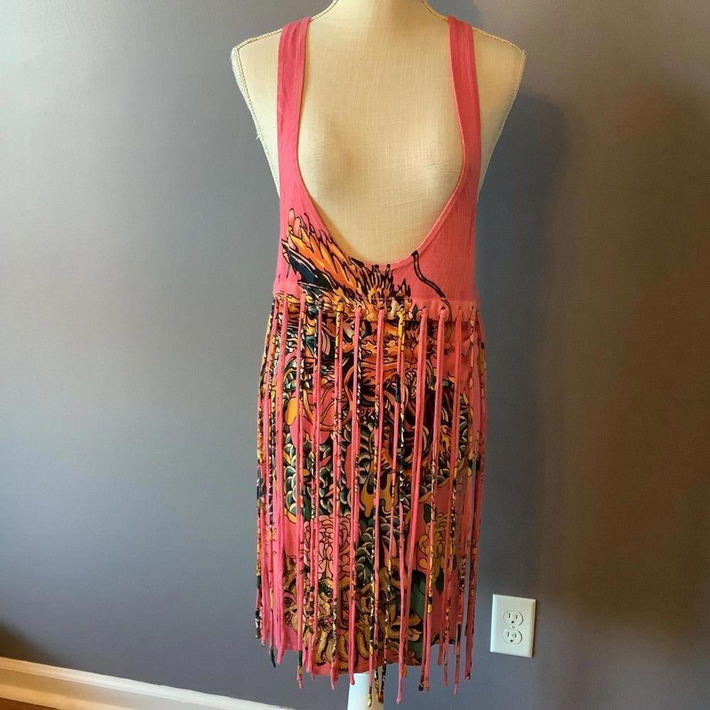 Christian Audigier Eye-Catching Pink Fringe Dress‎ with Vibrant Design